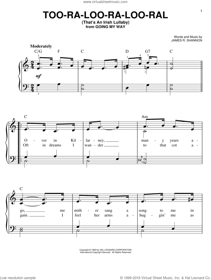 Too-Ra-Loo-Ra-Loo-Ral (That's An Irish Lullaby) sheet music for piano solo by James R. Shannon, easy skill level