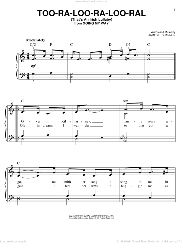 Too-Ra-Loo-Ra-Loo-Ral (That's An Irish Lullaby) sheet music for piano solo by James R. Shannon, easy skill level