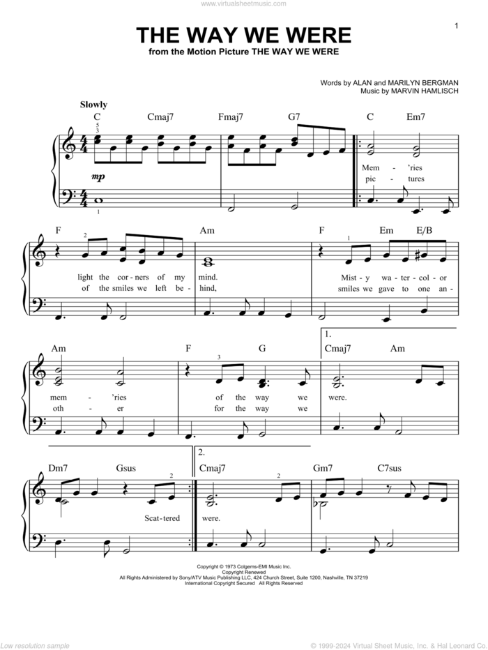 The Way We Were, (easy) sheet music for piano solo by Barbra Streisand, Alan Bergman, Marilyn Bergman and Marvin Hamlisch, easy skill level