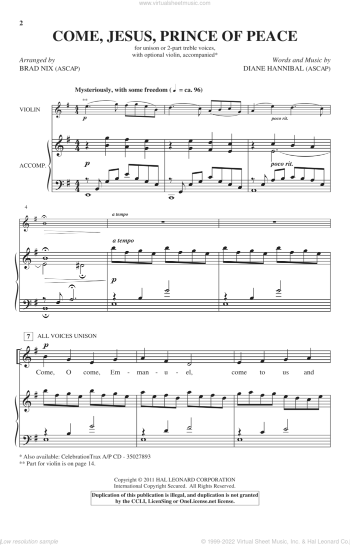 Come, Jesus, Prince Of Peace sheet music for choir (2-Part) by Diane Hannibal and Brad Nix, intermediate duet