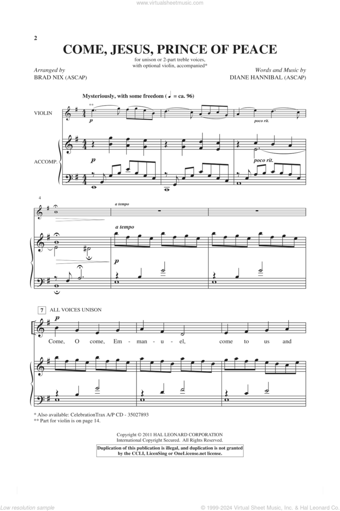 Come, Jesus, Prince Of Peace sheet music for choir (2-Part) by Diane Hannibal and Brad Nix, intermediate duet