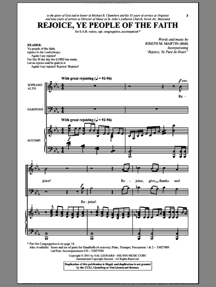 Rejoice, Ye People Of The Faith sheet music for choir (SAB: soprano, alto, bass) by Joseph M. Martin, intermediate skill level