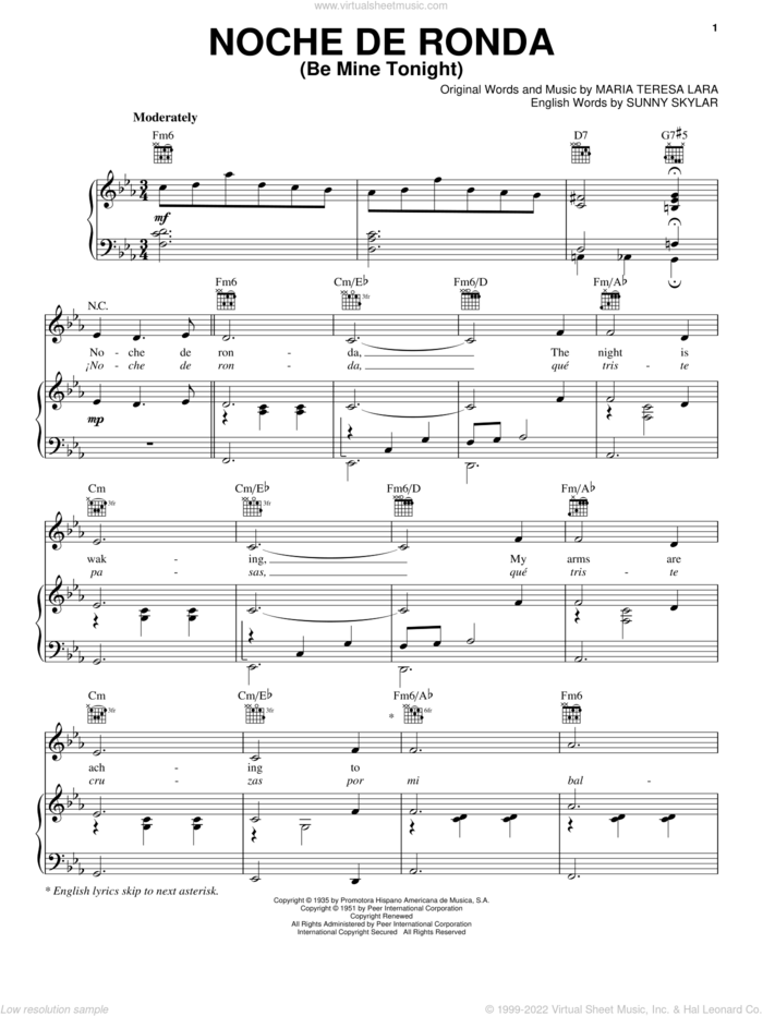 Noche De Ronda (Be Mine Tonight) sheet music for voice, piano or guitar by Maria Teresa Lara and Sunny Skylar, wedding score, intermediate skill level
