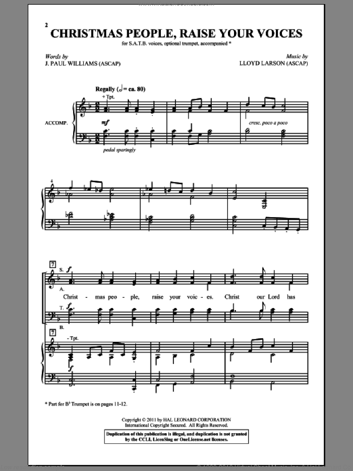 Christmas People, Raise Your Voices sheet music for choir (SATB: soprano, alto, tenor, bass) by Lloyd Larson and J. Paul Williams, intermediate skill level