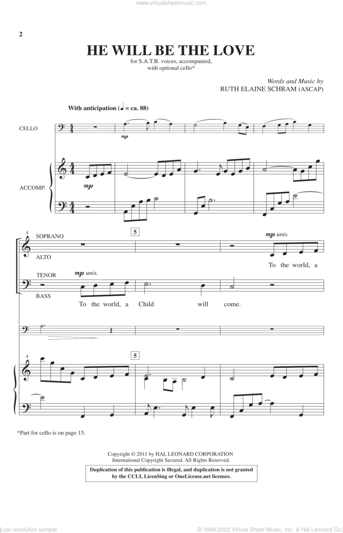 He Will Be The Love sheet music for choir (SATB: soprano, alto, tenor, bass) by Ruth Elaine Schram, intermediate skill level