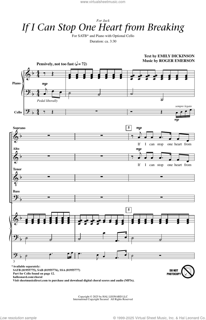 If I Can Stop One Heart From Breaking sheet music for choir (SATB: soprano, alto, tenor, bass) by Roger Emerson and Emily Dickinson, intermediate skill level