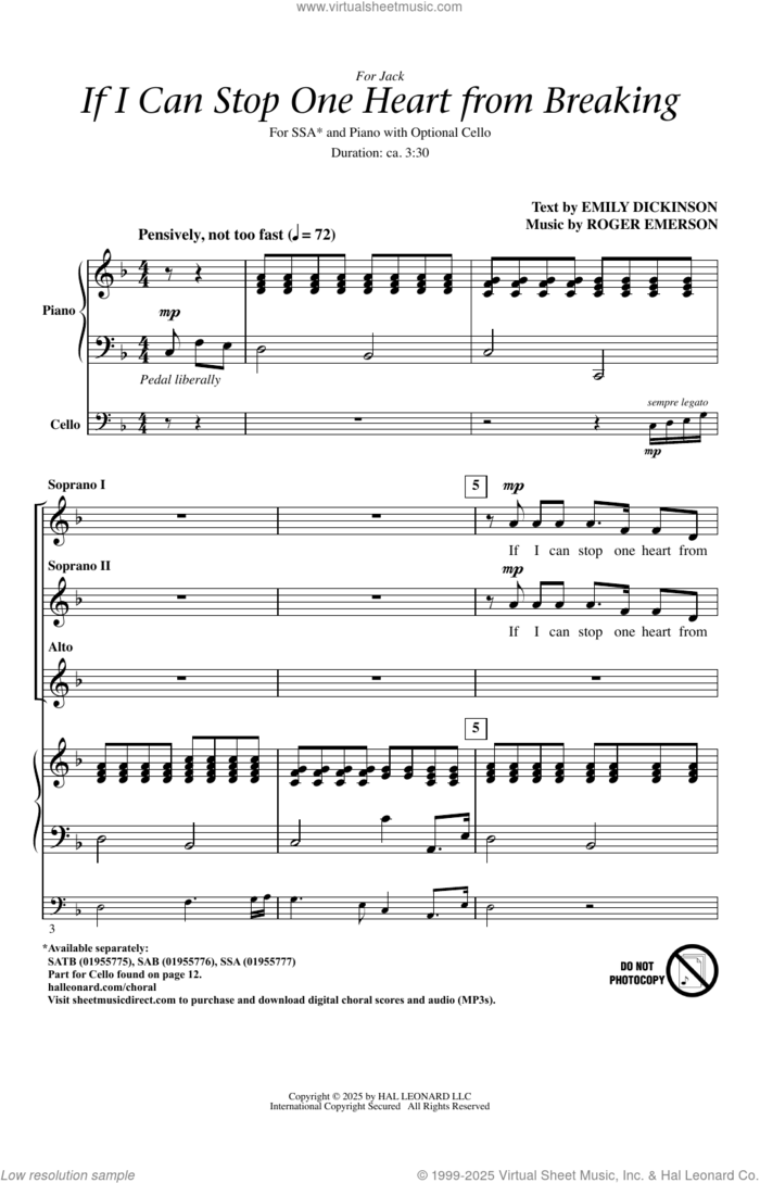 If I Can Stop One Heart From Breaking sheet music for choir (SSA: soprano, alto) by Roger Emerson and Emily Dickinson, intermediate skill level