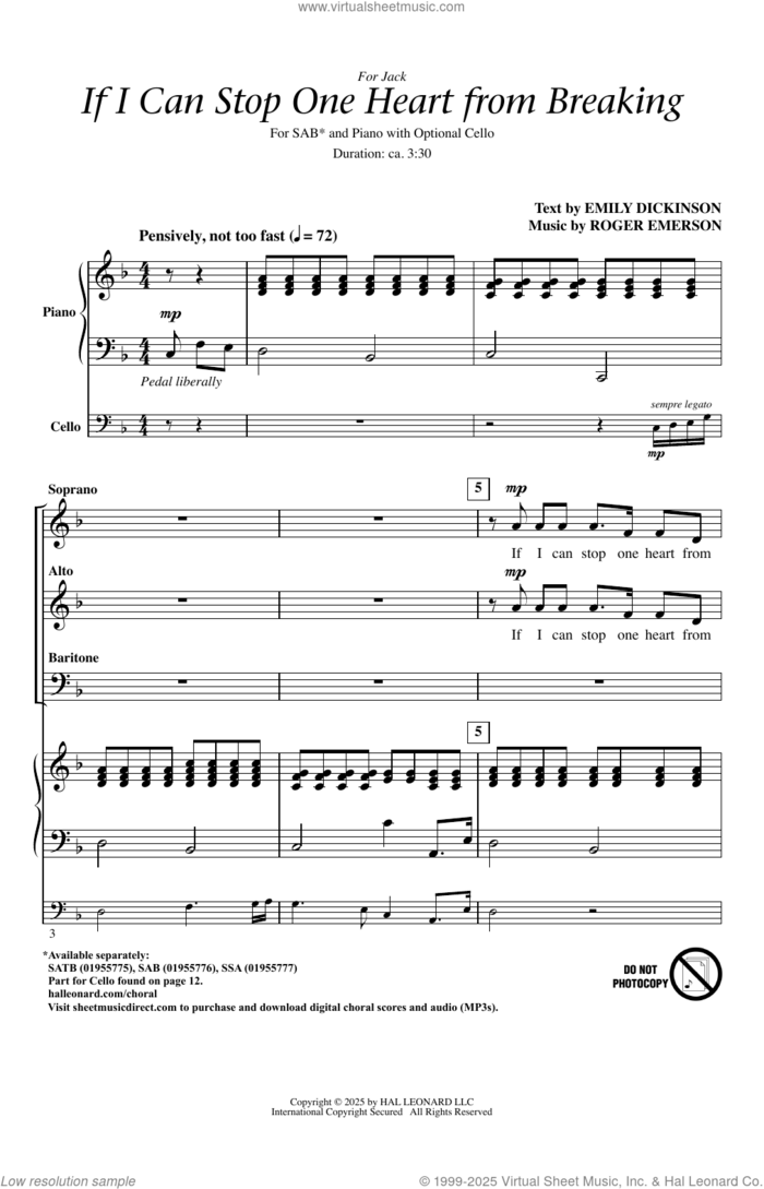 If I Can Stop One Heart From Breaking sheet music for choir (SAB: soprano, alto, bass) by Roger Emerson and Emily Dickinson, intermediate skill level