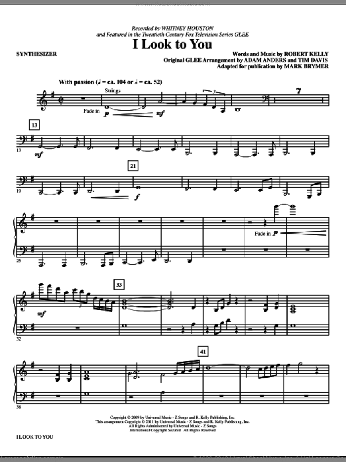 I Look To You (complete set of parts) sheet music for orchestra/band (Rhythm) by Mark Brymer, Adam Anders, Glee Cast, Miscellaneous, Robert Kelly, Tim Davis and Whitney Houston, intermediate skill level