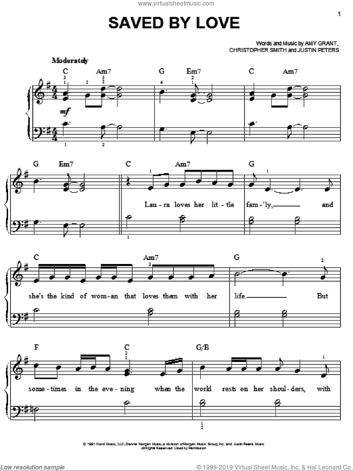 Saved By Love sheet music for piano solo by Amy Grant, Christopher Smith and Justin Peters, easy skill level