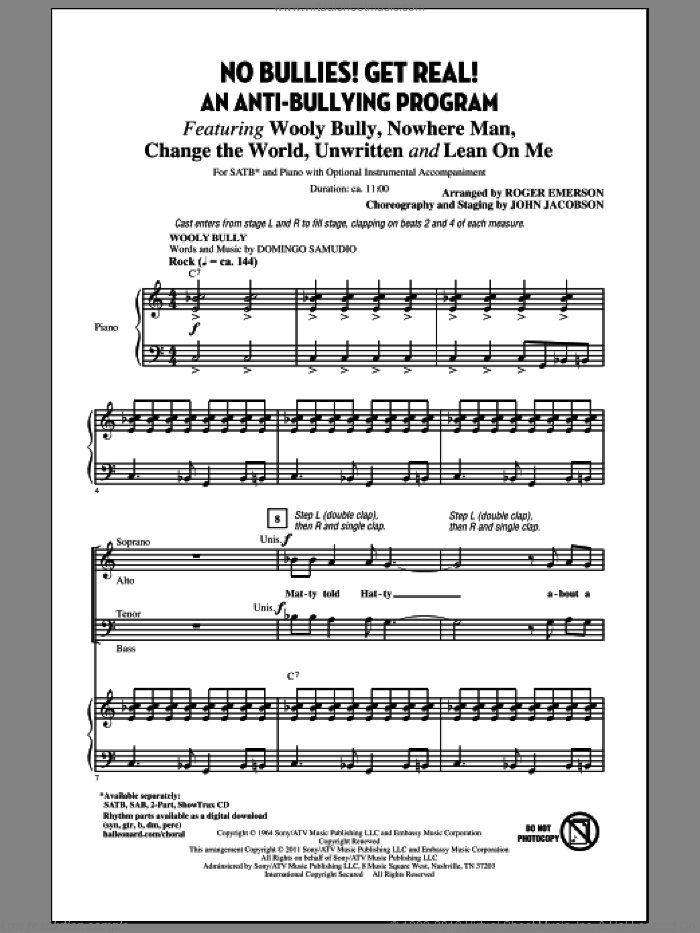 No Bullies! Get Real! sheet music for choir (SATB: soprano, alto, tenor, bass) by Roger Emerson and John Jacobson, intermediate skill level