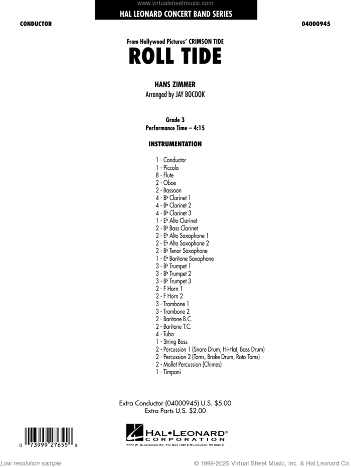 Roll Tide (from Crimson Tide) (arr. Jay Bocook) (COMPLETE) sheet music for concert band by Hans Zimmer and Jay Bocook, intermediate skill level