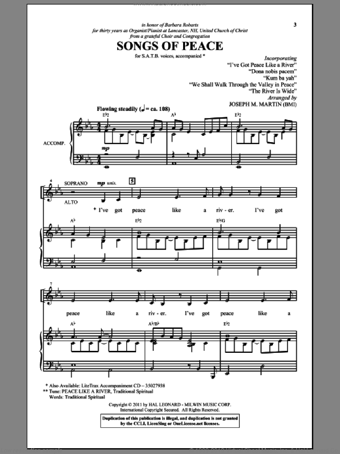 Songs Of Peace sheet music for choir (SATB: soprano, alto, tenor, bass) by Joseph M. Martin and Miscellaneous, intermediate skill level
