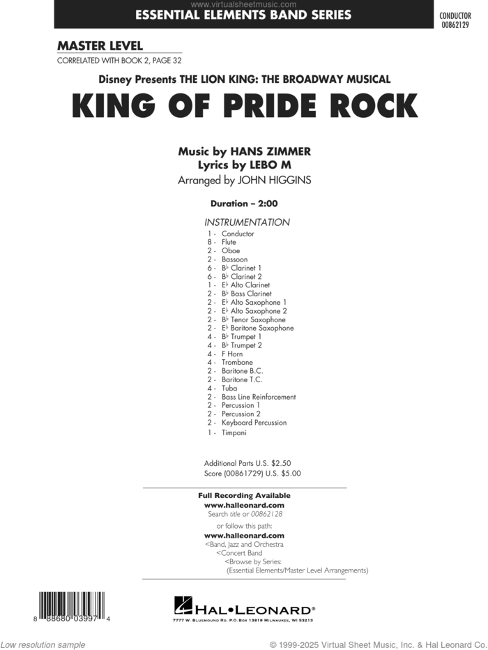 King of Pride Rock (from The Lion King) (arr. John Higgins) sheet music for concert band (full score) by Hans Zimmer, John Higgins and Lebo M., intermediate skill level