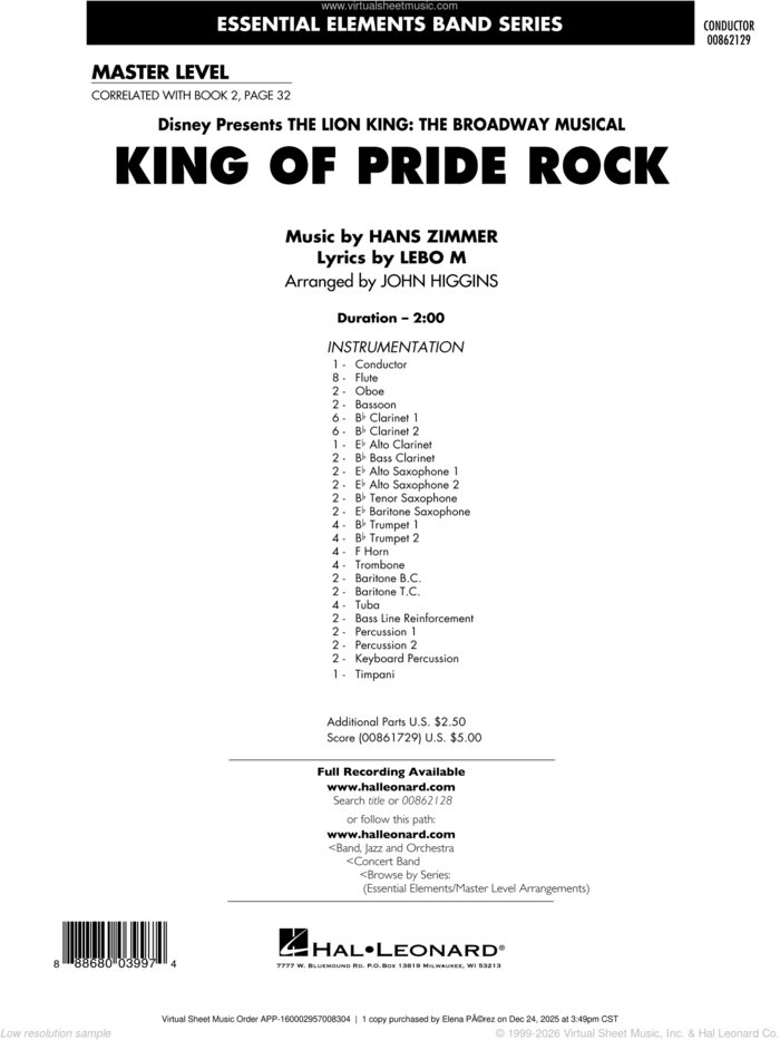 King of Pride Rock (from The Lion King) (arr. John Higgins) sheet music for concert band (full score) by Hans Zimmer, John Higgins and Lebo M., intermediate skill level