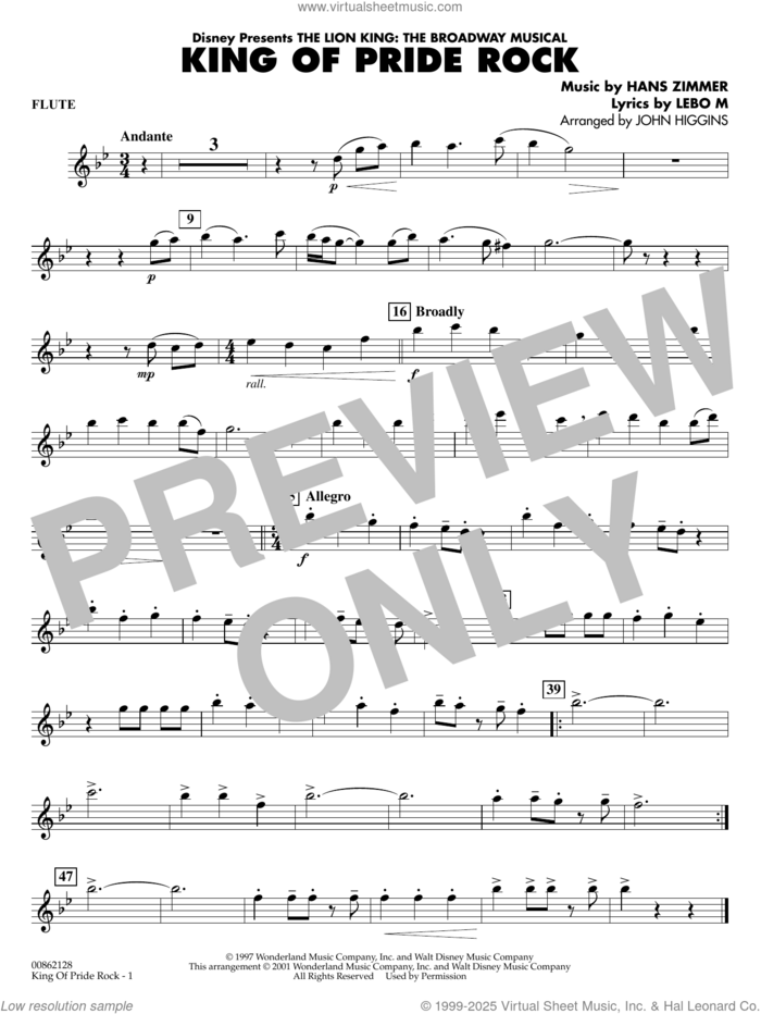King of Pride Rock (from The Lion King) (arr. John Higgins) sheet music for concert band (flute) by Hans Zimmer, John Higgins and Lebo M., intermediate skill level