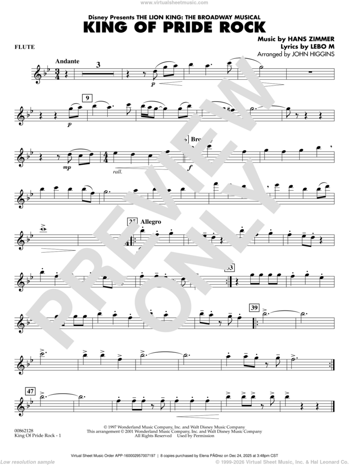 King of Pride Rock (from The Lion King) (arr. John Higgins) sheet music for concert band (flute) by Hans Zimmer, John Higgins and Lebo M., intermediate skill level