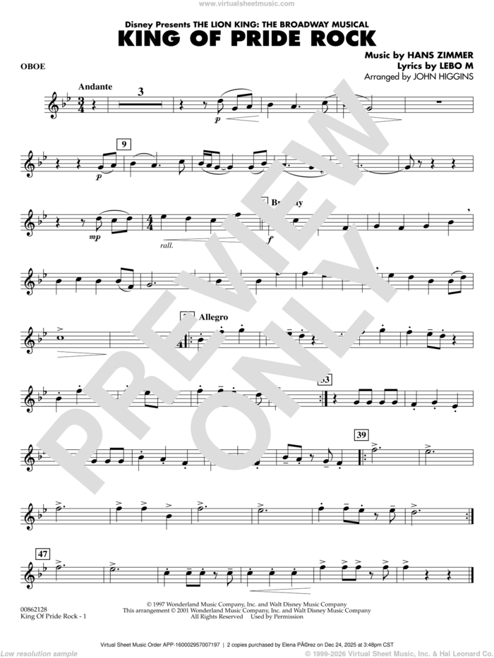 King of Pride Rock (from The Lion King) (arr. John Higgins) sheet music for concert band (oboe) by Hans Zimmer, John Higgins and Lebo M., intermediate skill level