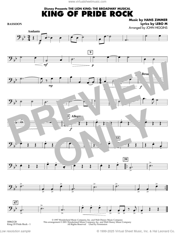 King of Pride Rock (from The Lion King) (arr. John Higgins) sheet music for concert band (bassoon) by Hans Zimmer, John Higgins and Lebo M., intermediate skill level