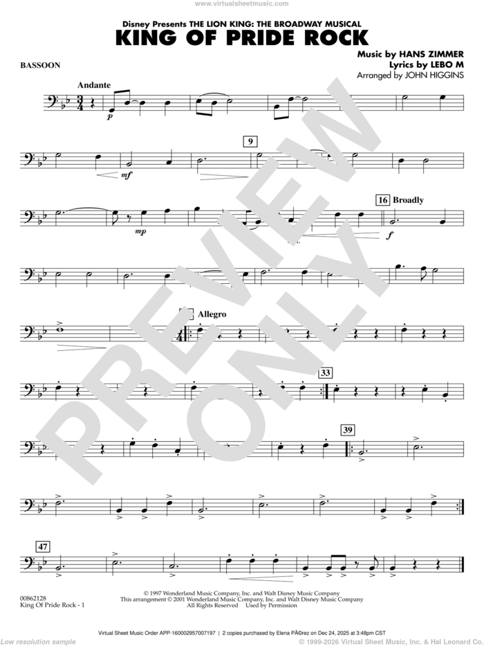King of Pride Rock (from The Lion King) (arr. John Higgins) sheet music for concert band (bassoon) by Hans Zimmer, John Higgins and Lebo M., intermediate skill level