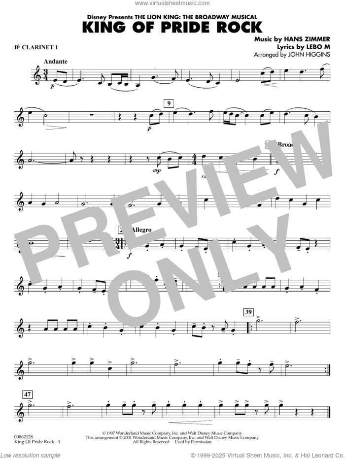 King of Pride Rock (from The Lion King) (arr. John Higgins) sheet music for concert band (Bb clarinet 1) by Hans Zimmer, John Higgins and Lebo M., intermediate skill level