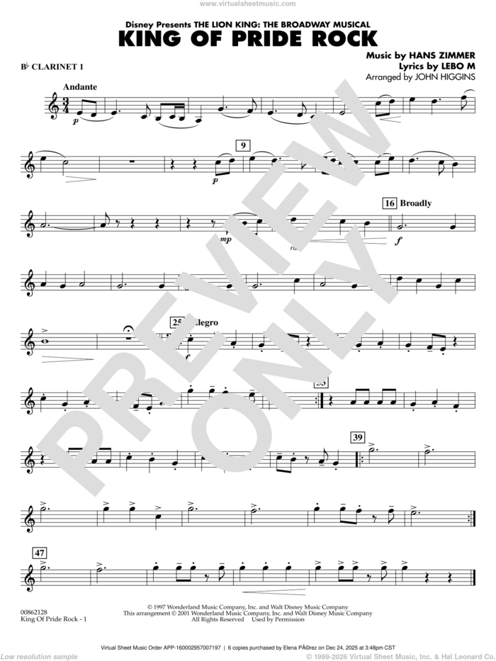King of Pride Rock (from The Lion King) (arr. John Higgins) sheet music for concert band (Bb clarinet 1) by Hans Zimmer, John Higgins and Lebo M., intermediate skill level