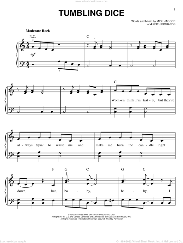 Tumbling Dice sheet music for piano solo by The Rolling Stones, Keith Richards and Mick Jagger, easy skill level