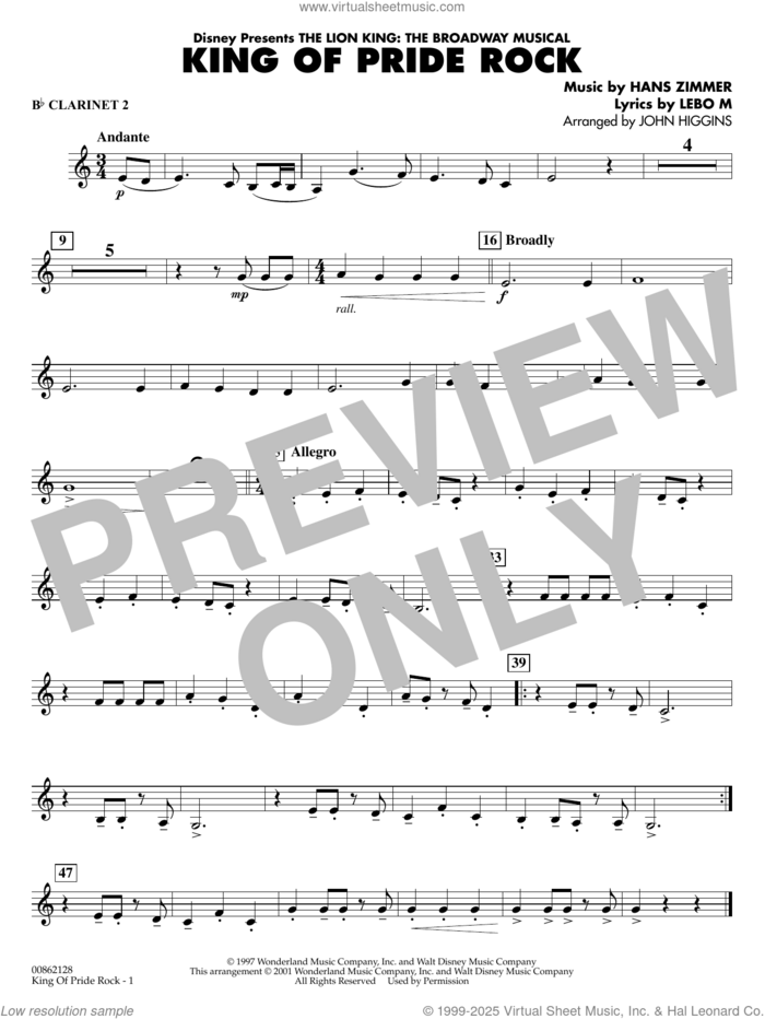 King of Pride Rock (from The Lion King) (arr. John Higgins) sheet music for concert band (Bb clarinet 2) by Hans Zimmer, John Higgins and Lebo M., intermediate skill level