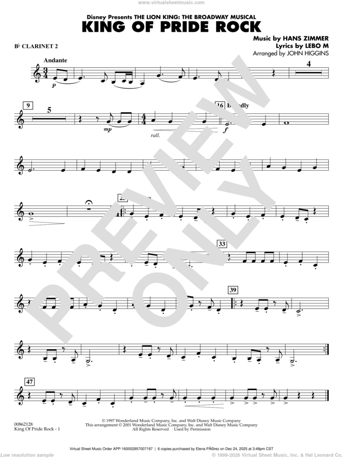 King of Pride Rock (from The Lion King) (arr. John Higgins) sheet music for concert band (Bb clarinet 2) by Hans Zimmer, John Higgins and Lebo M., intermediate skill level