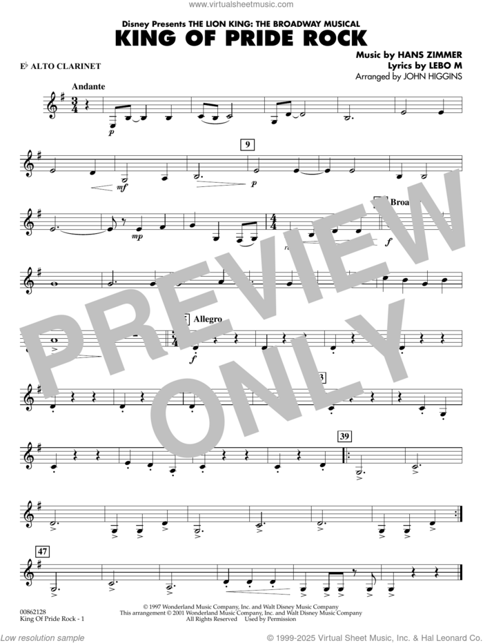 King of Pride Rock (from The Lion King) (arr. John Higgins) sheet music for concert band (Eb alto clarinet) by Hans Zimmer, John Higgins and Lebo M., intermediate skill level