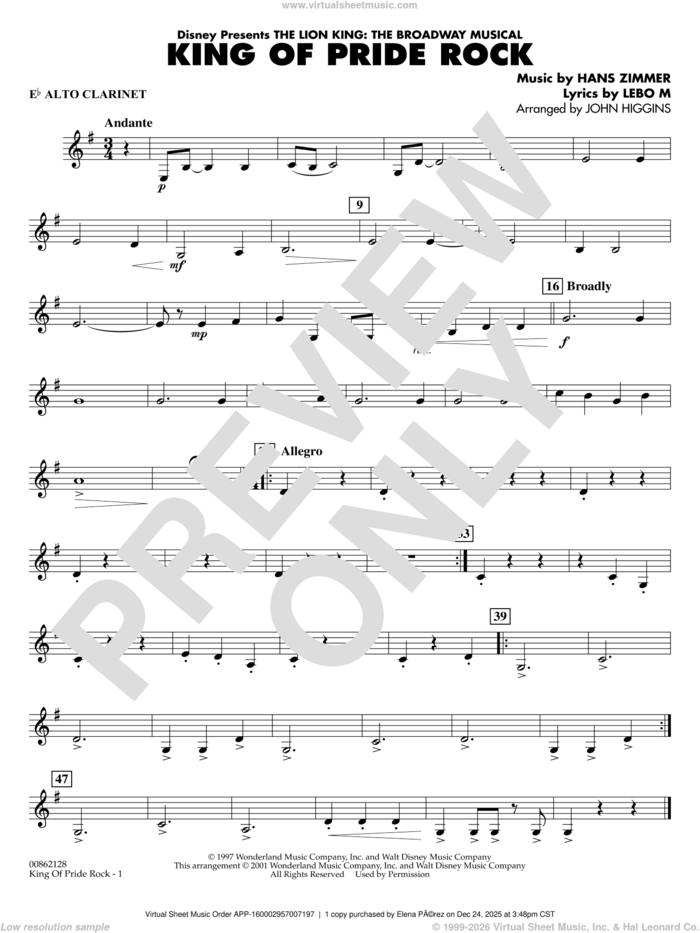 King of Pride Rock (from The Lion King) (arr. John Higgins) sheet music for concert band (Eb alto clarinet) by Hans Zimmer, John Higgins and Lebo M., intermediate skill level