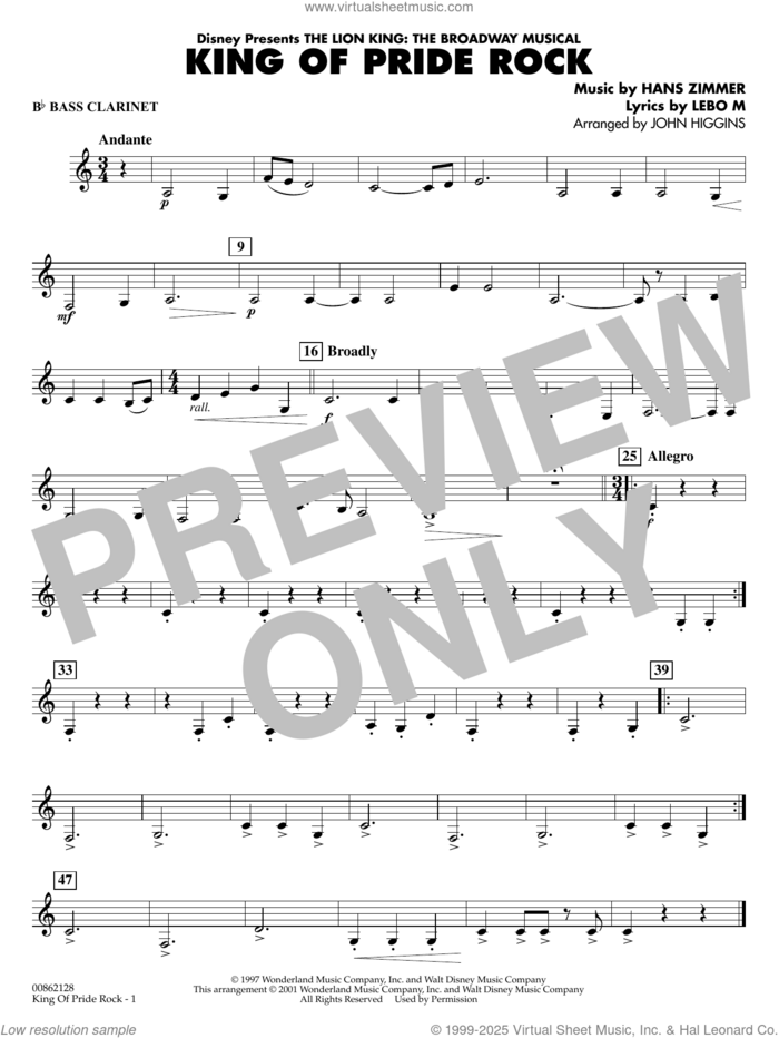 King of Pride Rock (from The Lion King) (arr. John Higgins) sheet music for concert band (Bb bass clarinet) by Hans Zimmer, John Higgins and Lebo M., intermediate skill level