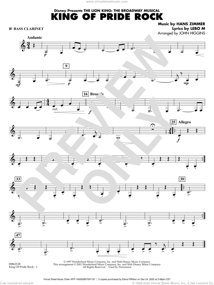 King of Pride Rock (from The Lion King) (arr. John Higgins) sheet music for concert band (Bb bass clarinet) by Hans Zimmer, John Higgins and Lebo M., intermediate skill level