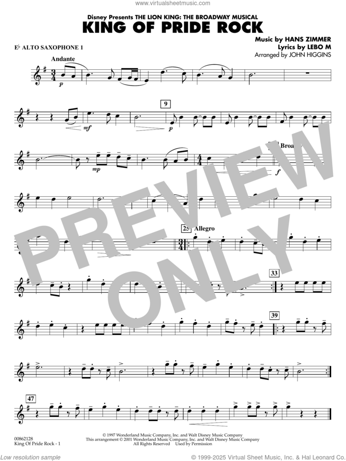 King of Pride Rock (from The Lion King) (arr. John Higgins) sheet music for concert band (Eb alto saxophone 1) by Hans Zimmer, John Higgins and Lebo M., intermediate skill level