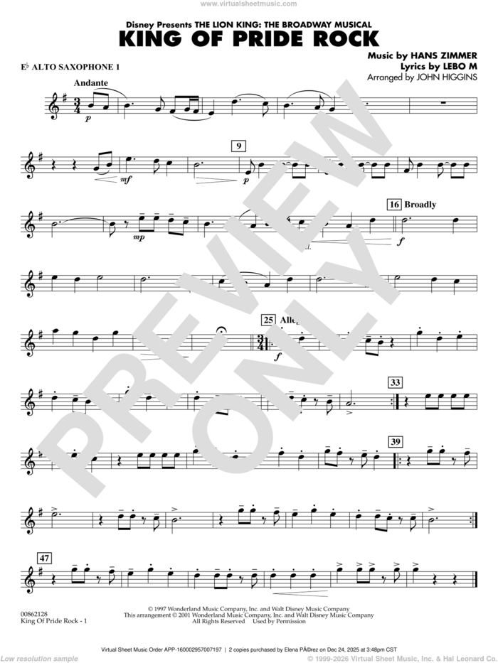 King of Pride Rock (from The Lion King) (arr. John Higgins) sheet music for concert band (Eb alto saxophone 1) by Hans Zimmer, John Higgins and Lebo M., intermediate skill level