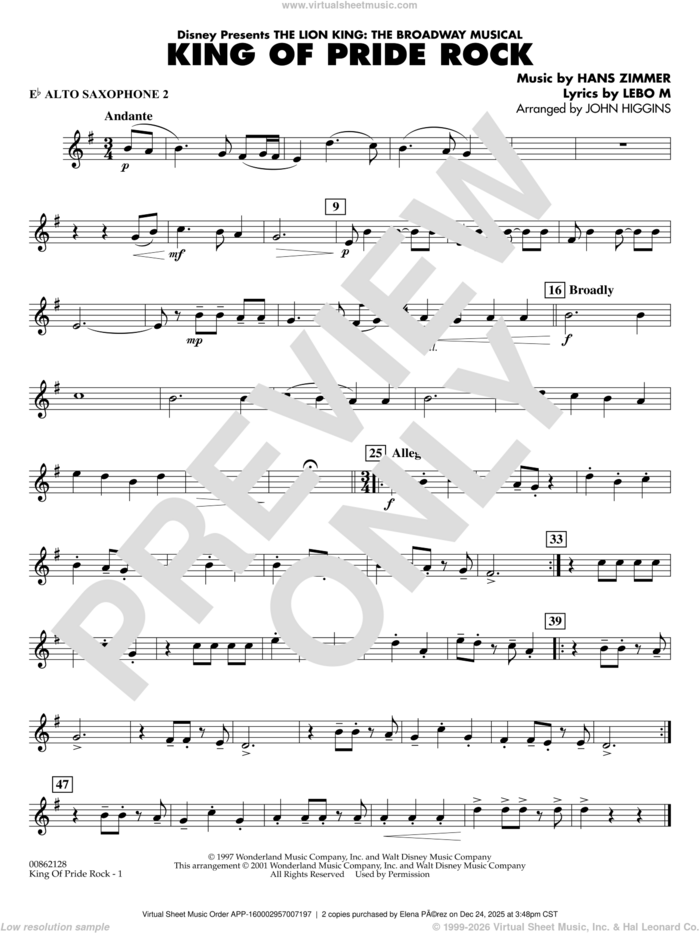 King of Pride Rock (from The Lion King) (arr. John Higgins) sheet music for concert band (Eb alto saxophone 2) by Hans Zimmer, John Higgins and Lebo M., intermediate skill level