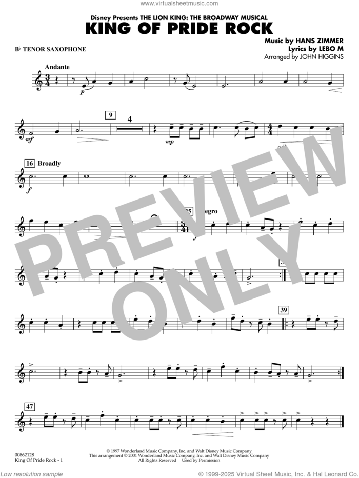 King of Pride Rock (from The Lion King) (arr. John Higgins) sheet music for concert band (Bb tenor saxophone) by Hans Zimmer, John Higgins and Lebo M., intermediate skill level