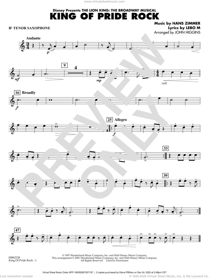 King of Pride Rock (from The Lion King) (arr. John Higgins) sheet music for concert band (Bb tenor saxophone) by Hans Zimmer, John Higgins and Lebo M., intermediate skill level