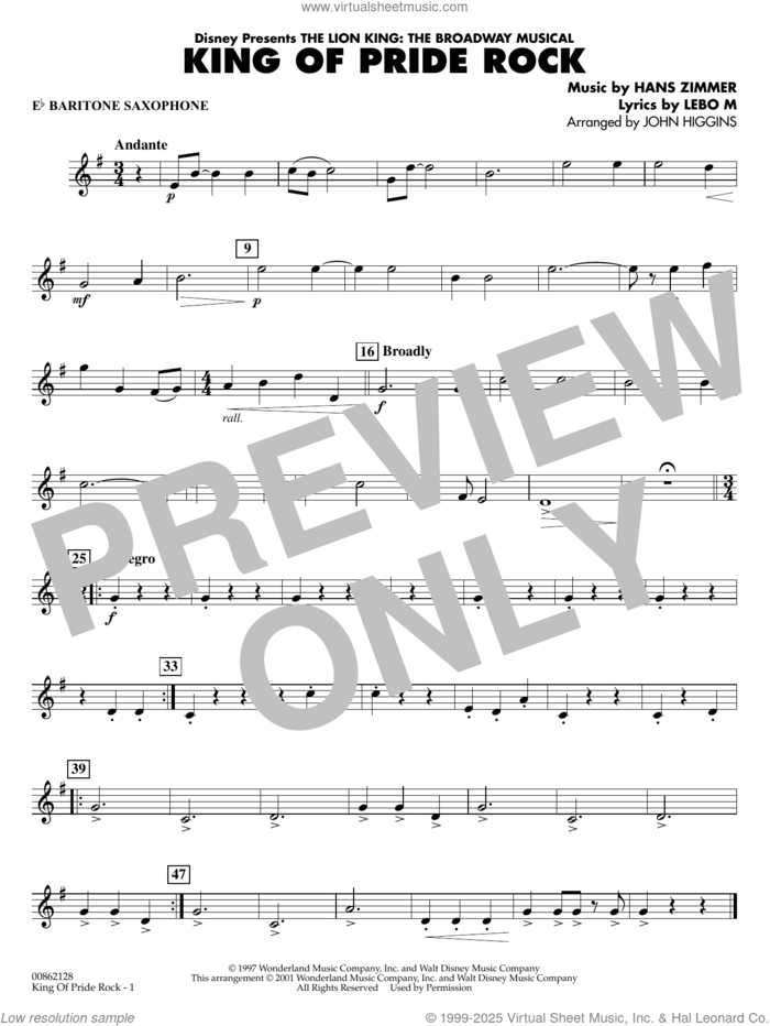 King of Pride Rock (from The Lion King) (arr. John Higgins) sheet music for concert band (Eb baritone saxophone) by Hans Zimmer, John Higgins and Lebo M., intermediate skill level