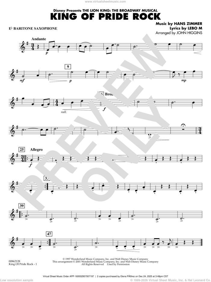 King of Pride Rock (from The Lion King) (arr. John Higgins) sheet music for concert band (Eb baritone saxophone) by Hans Zimmer, John Higgins and Lebo M., intermediate skill level