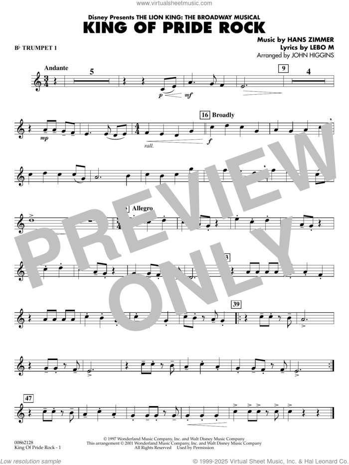 King of Pride Rock (from The Lion King) (arr. John Higgins) sheet music for concert band (Bb trumpet 1) by Hans Zimmer, John Higgins and Lebo M., intermediate skill level