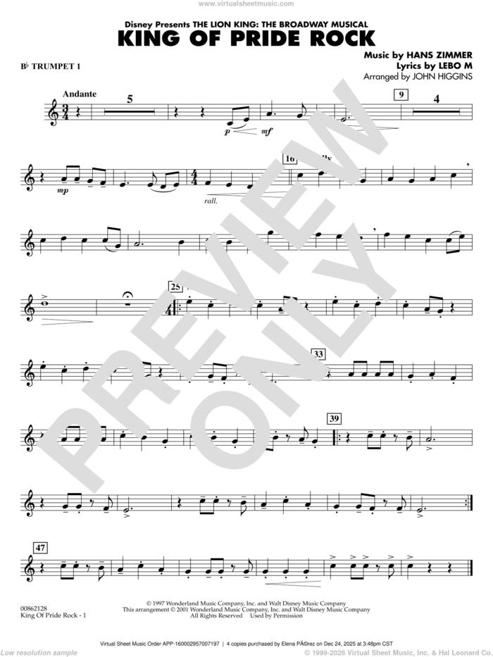 King of Pride Rock (from The Lion King) (arr. John Higgins) sheet music for concert band (Bb trumpet 1) by Hans Zimmer, John Higgins and Lebo M., intermediate skill level