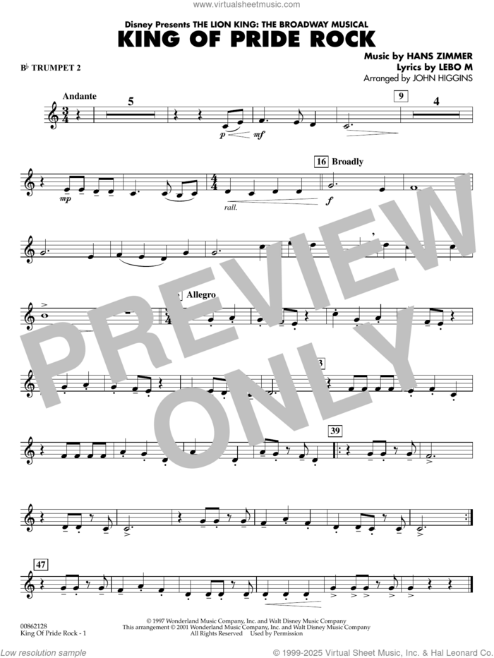 King of Pride Rock (from The Lion King) (arr. John Higgins) sheet music for concert band (Bb trumpet 2) by Hans Zimmer, John Higgins and Lebo M., intermediate skill level