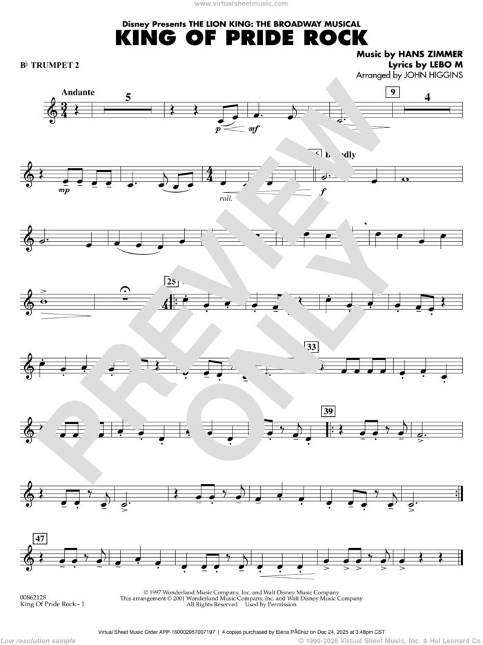 King of Pride Rock (from The Lion King) (arr. John Higgins) sheet music for concert band (Bb trumpet 2) by Hans Zimmer, John Higgins and Lebo M., intermediate skill level