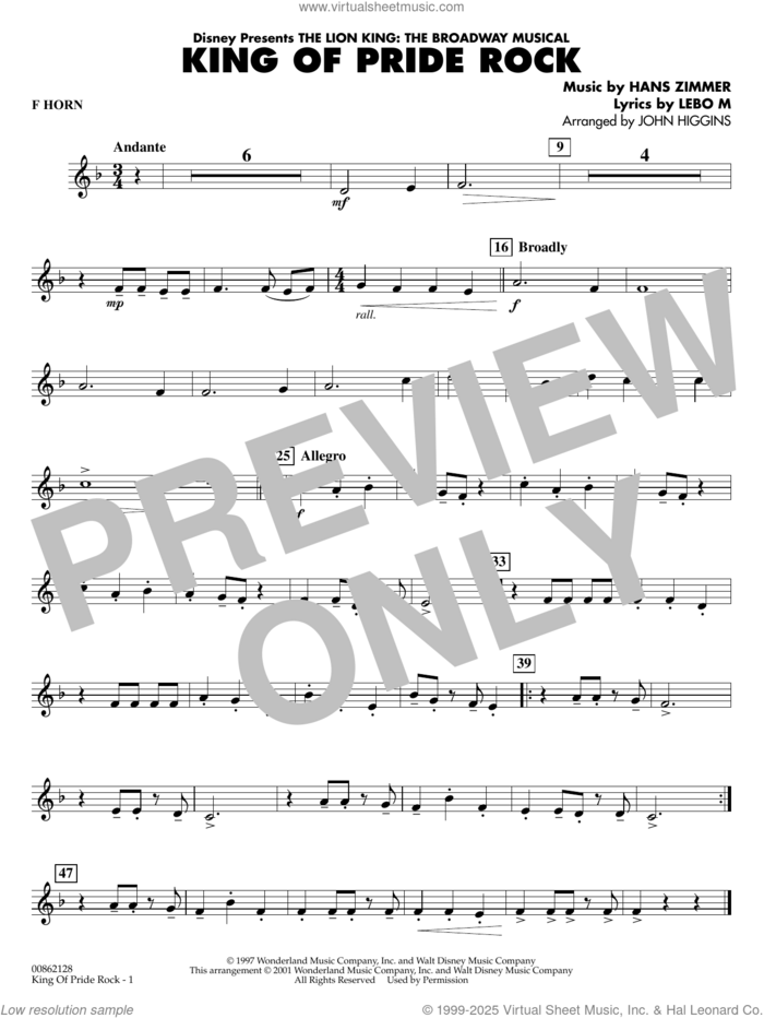 King of Pride Rock (from The Lion King) (arr. John Higgins) sheet music for concert band (f horn) by Hans Zimmer, John Higgins and Lebo M., intermediate skill level