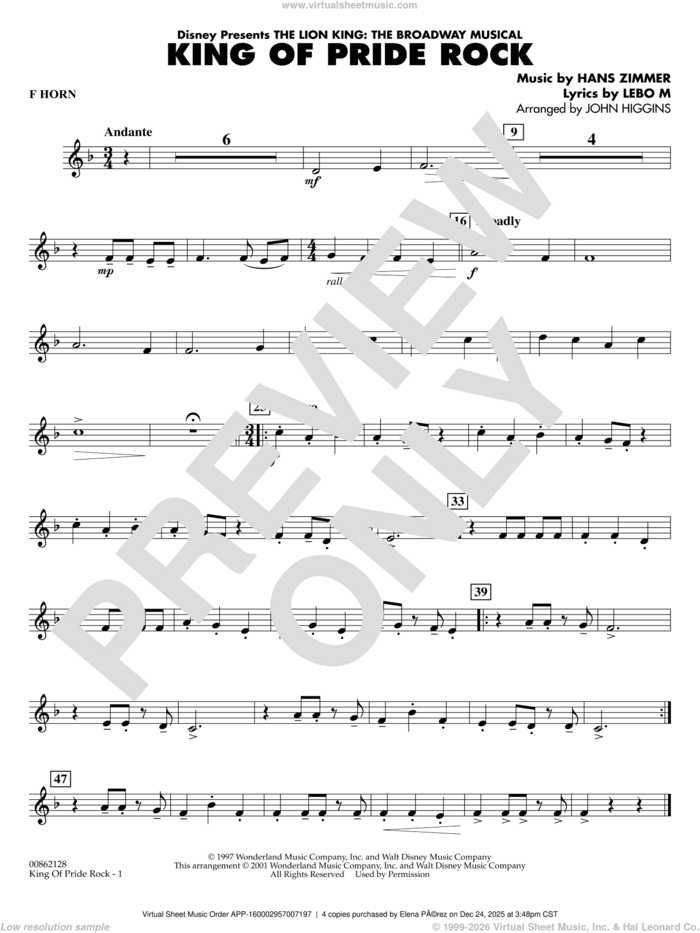 King of Pride Rock (from The Lion King) (arr. John Higgins) sheet music for concert band (f horn) by Hans Zimmer, John Higgins and Lebo M., intermediate skill level