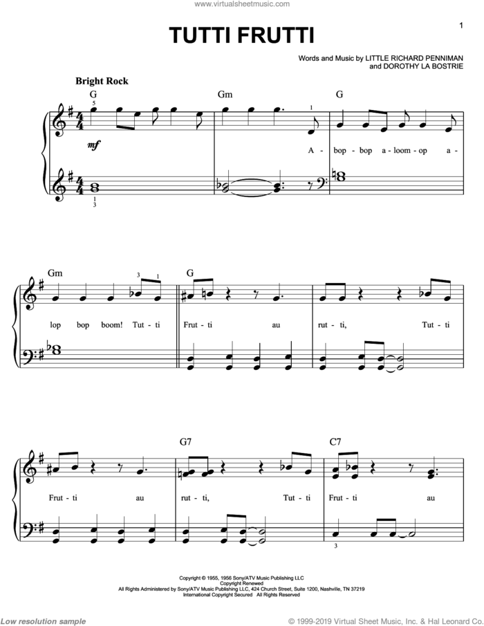 Tutti Frutti, (easy) sheet music for piano solo by Little Richard, Dorothy La Bostrie and Richard Penniman, easy skill level