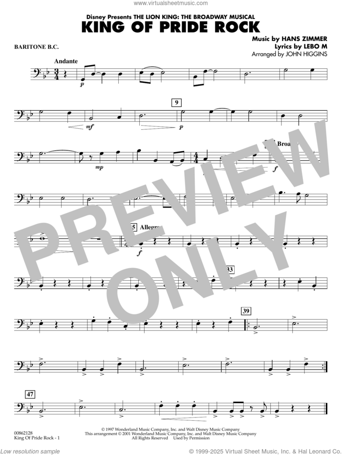 King of Pride Rock (from The Lion King) (arr. John Higgins) sheet music for concert band (baritone b.c.) by Hans Zimmer, John Higgins and Lebo M., intermediate skill level
