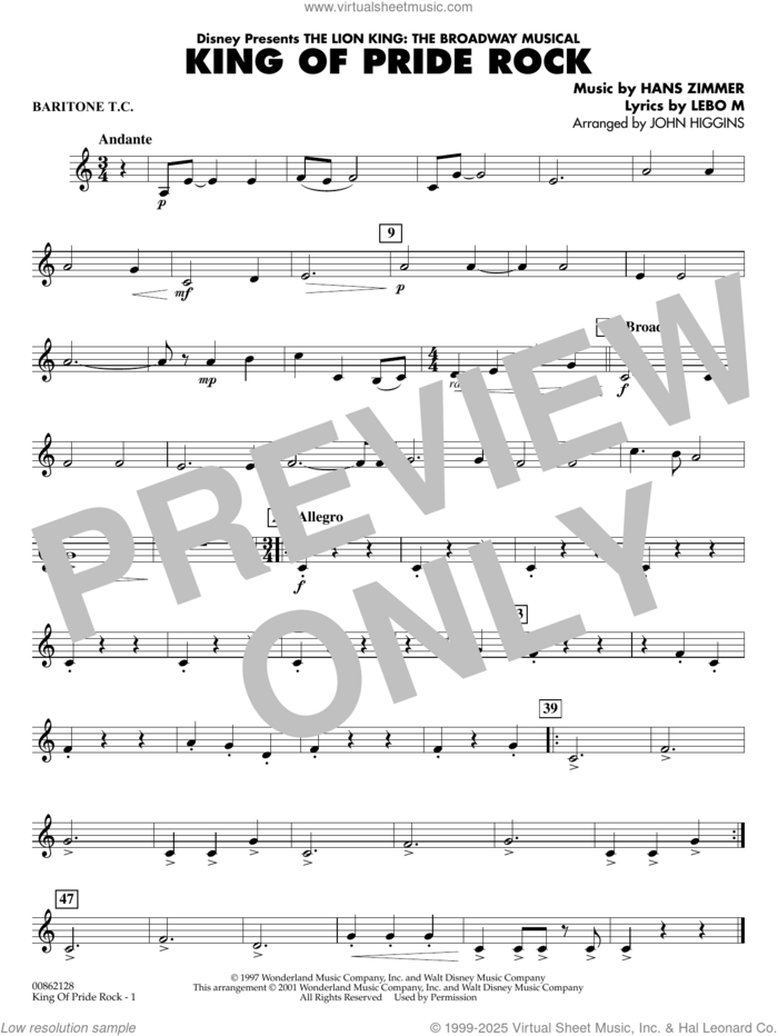 King of Pride Rock (from The Lion King) (arr. John Higgins) sheet music for concert band (baritone t.c.) by Hans Zimmer, John Higgins and Lebo M., intermediate skill level