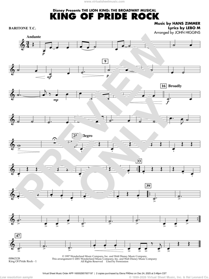 King of Pride Rock (from The Lion King) (arr. John Higgins) sheet music for concert band (baritone t.c.) by Hans Zimmer, John Higgins and Lebo M., intermediate skill level